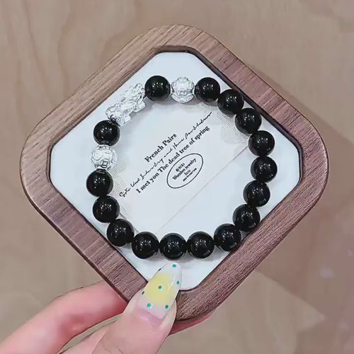S999 fine silver Pixiu charm and black obsidian beaded mens wealth bracelet with silver fortune coins